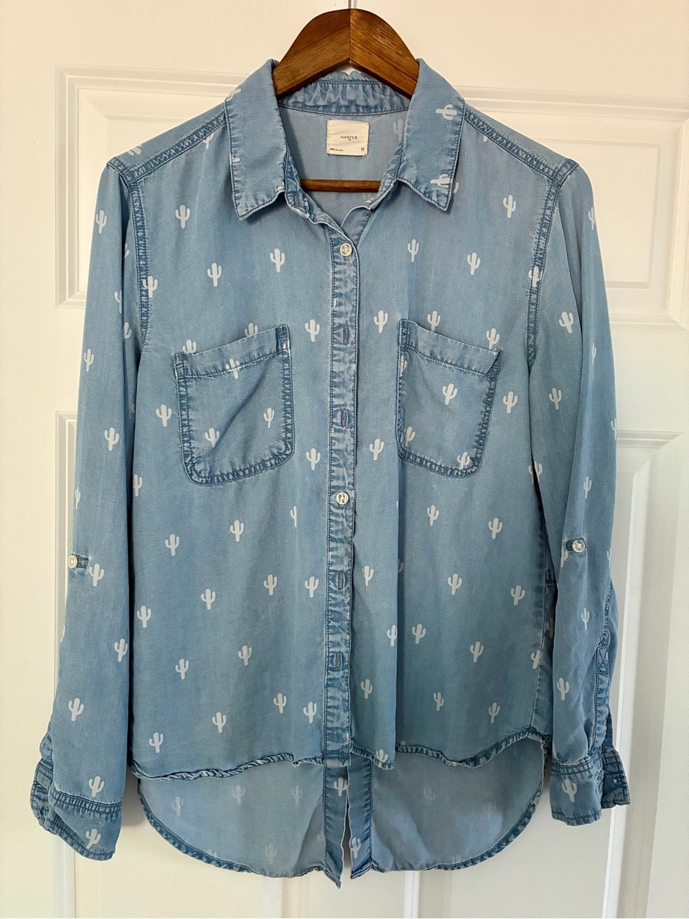 Harper Cactus Print Button-Up Denim Shirt